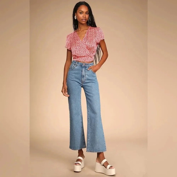 Lulus Red Multi Print Satin Short Sleeve Wrap Top - Picture 3 of 12